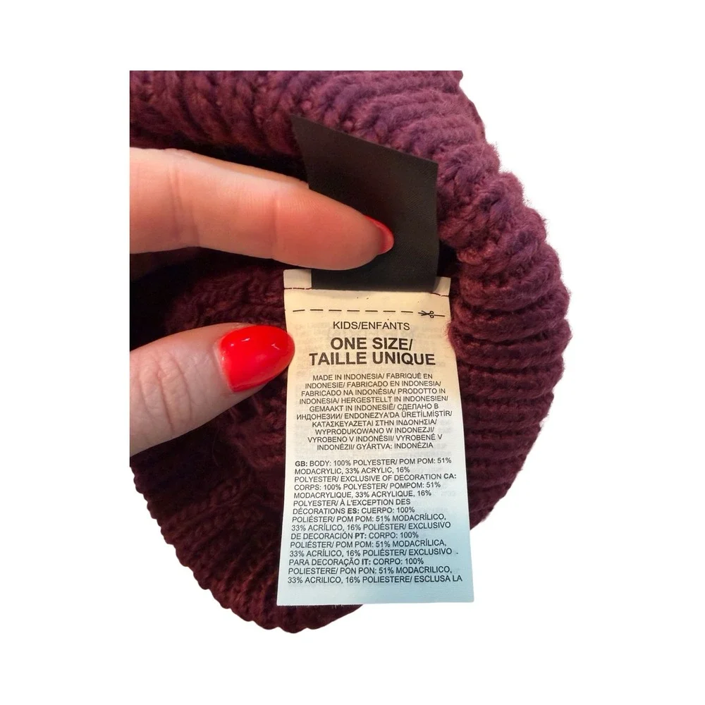 The North Face Kids Oh-Mega Fur Pom Beanie Burgundy‎ Purple Cable Knit OS